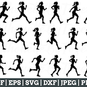 Puede incluir: Un conjunto de diez imágenes de silueta negra de corredores en varias poses. Los corredores son todas mujeres y todos corren en la misma dirección. Las imágenes son simples y elegantes, y serían perfectas para usar en una variedad de proyectos, como diseño de sitios web, gráficos de redes sociales o materiales impresos.