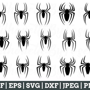May include: A set of 10 black spider silhouette SVG cut files. The spiders are in various poses with eight legs and a round body.