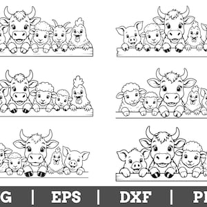 May include: A collection of six black and white line art illustrations featuring groups of farm animals including cows, pigs, sheep, goats, and chickens peeking over wooden fences. The text SVG, EPS, DXF, and PNG is displayed at the bottom.