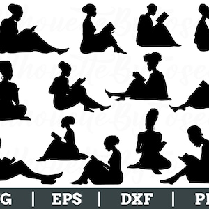 Afro-Amerikaans meisje leest SVG, meisje leest silhouet, dxf, png