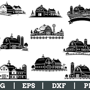 May include: A collection of black and white farm-themed vector graphics. The designs include barns, silos, windmills, and farmhouses, suitable for various crafting projects. The image also includes the file format types: SVG, EPS, DXF, and PNG.