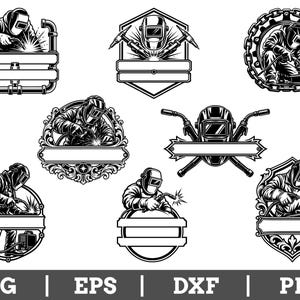 Op de afbeelding: Een verzameling van zeven zwart-wit vectorillustraties met lassers in beschermende kleding, lashelmen en toortsen, geïntegreerd met diverse decoratieve kaders, banners en industriële motieven voor aangepaste tekst.