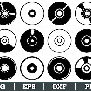 May include: A collection of twelve black and white CD or DVD disc designs. Each disc features a central hole and varying patterns of lines and shapes. The bottom of the image includes the text "SVG | EPS | DXF | PNG".