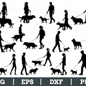 Könnte beinhalten: Schwarze Silhouette-Illustrationen von Menschen, die Hunde verschiedener Rassen ausführen. Jede Person ist mit einer Leine dargestellt, und die Hunde werden in verschiedenen Größen und Posen gezeigt. Der untere Teil des Bildes enthält den Text "SVG | EPS | DXF | PNG."