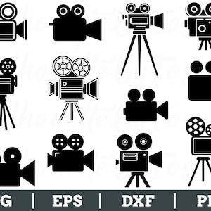 Pode incluir: Uma coleção de ilustrações em preto de câmeras de filme vintage em vários designs. Algumas câmeras estão em tripés, outras são independentes. A imagem inclui o texto "SVG | EPS | DXF | PNG" na parte inferior, indicando formatos de arquivo.