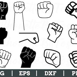 May include: A selection of clenched fist illustrations in black and white. The image shows different representations of a fist, including solid black and outlined designs. The bottom of the image includes the text "SVG | EPS | DXF | PNG".