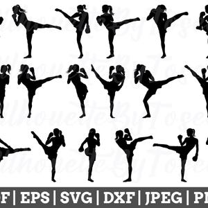 Puede incluir: Un conjunto de 16 imágenes en silueta negra de mujeres practicando kickboxing en varias poses. Las imágenes están todas en el mismo estilo y son perfectas para usar en una variedad de proyectos, como diseño de sitios web, gráficos de redes sociales o materiales impresos.