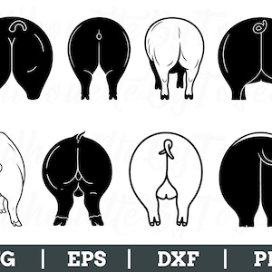Puede incluir: Una colección de ocho ilustraciones en blanco y negro de traseros de cerdos. Las imágenes muestran diferentes vistas y detalles de la anatomía del cerdo. La parte inferior de la imagen incluye el texto "SVG | EPS | DXF | PNG".