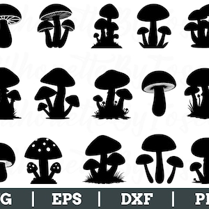 Puede incluir: Una colección de siluetas negras de setas en varias formas y tamaños. Algunas setas tienen branquias detalladas, otras son sólidas. La imagen incluye el texto "SVG | EPS | DXF | PNG" en la parte inferior, indicando formatos de archivo.