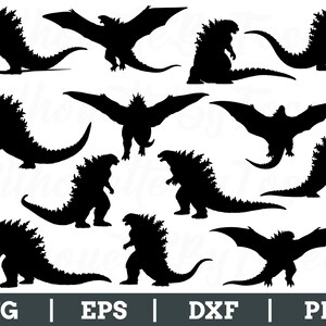 Può includere: Una collezione di sagome nere di Godzilla in varie pose, tra cui in piedi, che camminano e volano. L'immagine include anche i formati di file: SVG, EPS, DXF e PNG.
