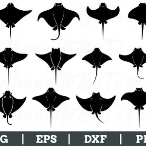 Puede incluir: Una colección de siluetas negras de rayas en varias poses. La imagen incluye múltiples diseños de rayas, cada uno con una forma y cola únicas. La parte inferior de la imagen muestra el texto "SVG | EPS | DXF | PNG".