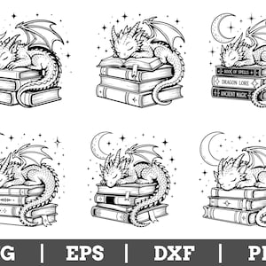 May include: A collection of six black and white line art illustrations featuring small dragons sleeping on stacks of books under a crescent moon and stars. One stack includes books labeled Book of Spells, Dragon Lore, and Ancient Magic.