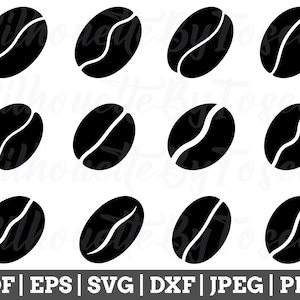 Könnte beinhalten: Zehn schwarze Kaffebohnen-Silhouetten auf weißem Hintergrund. Die Bohnen sind in einem Raster angeordnet.