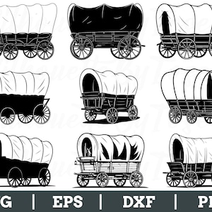 May include: A collection of nine black and white illustrations of covered wagons. Each wagon has a canvas top and spoked wheels. The bottom of the image includes the text "SVG | EPS | DXF | PNG".