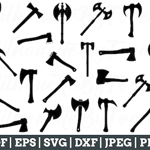 May include: A set of 18 black and white axe and hatchet silhouette SVG cut files. The files are perfect for crafting, scrapbooking, and other DIY projects.