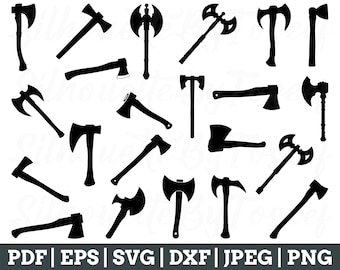 Op de afbeelding: Een set van 18 zwarte en witte SVG-snijbestanden met axt- en bijl-silhouetten. De bestanden zijn perfect voor knutselen, scrapbooking en andere doe-het-zelfprojecten.