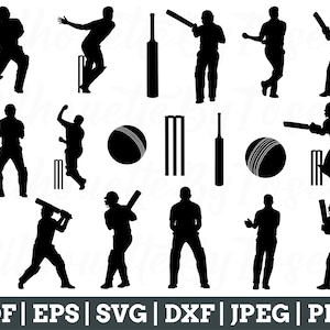 Puede incluir: Un conjunto de 12 ilustraciones en silueta en blanco y negro de jugadores de cricket en varias poses. Las ilustraciones incluyen jugadores bateando, lanzando, fildeando y corriendo. Las ilustraciones son perfectas para usar en una variedad de proyectos, como diseño de sitios web, medios impresos y redes sociales.
