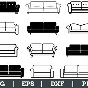 Könnte beinhalten: Neun Sofailustrationen in Schwarz und Weiß, die verschiedene Stile von modern bis klassisch zeigen. Das Bild enthält unten den Text "SVG | EPS | DXF | PNG". Die Sofas sind in Umrissen und Volltonfarben dargestellt.