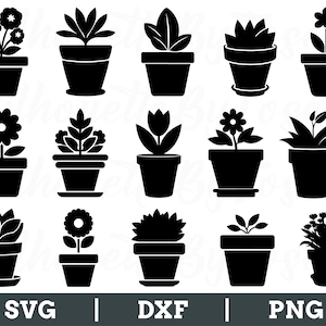 Può includere: Un set di 12 file di taglio SVG in silhouette nera e bianca di piante in vaso. Le piante includono una varietà di fiori, piante grasse ed erbe.