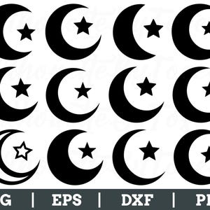 May include: Black crescent moon and star graphic design elements. The image features multiple variations of the moon and star, perfect for digital art projects. The bottom of the image includes the text "SVG | EPS | DXF | PNG".