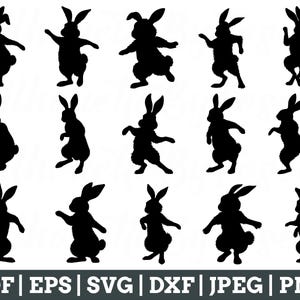 May include: A set of 12 black silhouette images of bunnies in various poses. The bunnies are all facing forward and have long ears. The images are perfect for crafting projects, scrapbooking, or digital design.