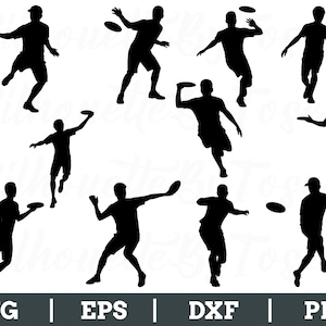 Puede incluir: Ilustraciones de siluetas negras de personas jugando al disc golf. Las figuras están en varias poses de acción, lanzando y atrapando frisbees. La imagen incluye etiquetas de tipo de archivo: SVG, EPS, DXF y PNG.