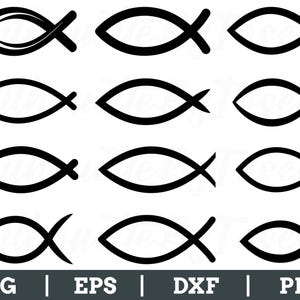 Könnte beinhalten: Ein Satz von zehn schwarzen und weißen Fischsilhouetten, jede mit einem einzigartigen Design. Die Fische sind in drei Reihen zu je drei angeordnet, mit einem Fisch in der Mitte unten. Die Fische sind alle nach rechts gerichtet.
