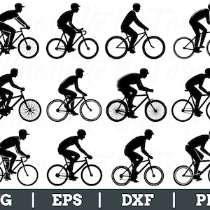 Peut inclure: Illustrations de silhouettes noires de cyclistes dans diverses positions de conduite. Chaque personnage est sur un vélo, avec différents styles de cadres et de conceptions de roues. L'image comprend le texte "SVG | EPS | DXF | PNG" en bas.
