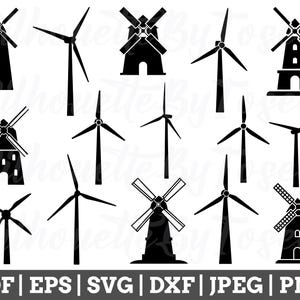 Wind Power Svg, Wind Mill Silhouette, Wind Turbine Vector, Wind Power Cut File, Jpeg, Png