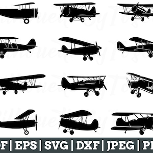 Op de afbeelding: Een set van tien zwarte silhouetbeelden van vintage dubbeldekkers. De vliegtuigen zijn allemaal naar voren gericht en hebben een klassiek ontwerp.