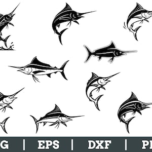 May include: A collection of black and white marlin illustrations in various poses, including jumping and swimming. The image includes the file type abbreviations: SVG, EPS, DXF, and PNG.