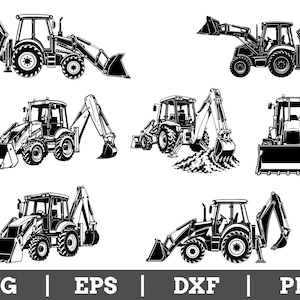 May include: A collection of six black and white vector illustrations of backhoe loaders in various poses, including side and front views. The text SVG | EPS | DXF | PNG is displayed at the bottom of the image in a clean, sans-serif font.