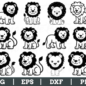 May include: A collection of twelve black and white lion illustrations in various poses. The lions have fluffy manes and tails, with some sitting and others standing. The bottom of the image displays the text "SVG | EPS | DXF | PNG".