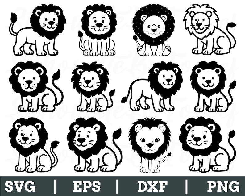 May include: A collection of twelve black and white lion illustrations in various poses. The lions have fluffy manes and tails, with some sitting and others standing. The bottom of the image displays the text "SVG | EPS | DXF | PNG".