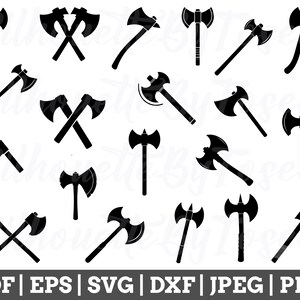 May include: A set of 18 black axe silhouette SVG cut files. The axes are in various positions and angles.  PDF, EPS, SVG, DXF, JPEG, PNG.