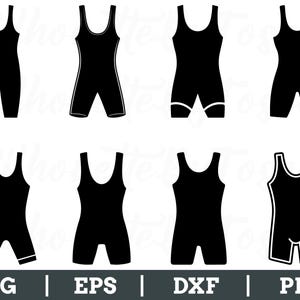 Puede incluir: Una colección de ocho maillots de lucha libre negros en varios diseños. Los maillots son sin mangas con cuello redondo y aberturas para las piernas. La imagen incluye las etiquetas de tipo de archivo: SVG, EPS, DXF y PNG.