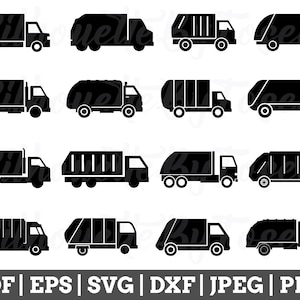 Pode incluir: Um conjunto de 10 imagens em silhueta preto e branco de caminhões de lixo. Os caminhões estão todos virados para a mesma direção e têm um design semelhante. As imagens são perfeitas para usar em artesanato, scrapbooking ou outros projetos criativos.