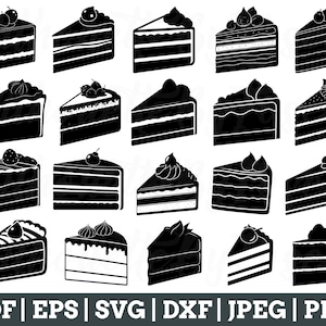 May include: A set of 20 black and white silhouette images of various cake slices. Each slice has a different topping, such as berries, cherries, or frosting.
