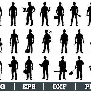 Può includere: Illustrazioni in silhouette nera di operai edili in varie pose, con strumenti come un trapano, una sega, una pala e una chiave inglese. L'immagine include il testo "SVG | EPS | DXF | PNG".