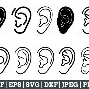 Puede incluir: Conjunto de diez ilustraciones en silueta negra y blanca de orejas humanas. Las orejas están mirando hacia adelante y están en varias posiciones.