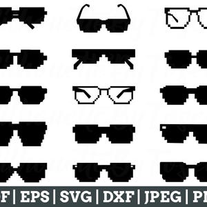 Puede incluir: Un conjunto de 10 diseños de gafas de sol pixeladas en blanco y negro. Las gafas de sol son de varios estilos, incluyendo redondas, cuadradas y aviador.