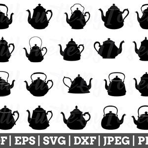 May include: A set of 20 black silhouette images of teapots. The teapots are in various shapes and sizes, with some having a spout and handle on the same side, and others having them on opposite sides.