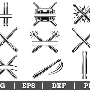 May include: A collection of black and white vector illustrations featuring drumsticks and a snare drum in various configurations, including crossed sticks, sticks with motion lines, and split designs for personalization, labeled SVG, EPS, DXF, PNG.