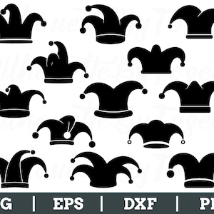 Könnte beinhalten: Ein Satz von zehn schwarzen und weißen Jesterhut-Silhouetten-SVG-Schnittdateien. Die Hüte haben alle die traditionelle Form eines Jesterhutes mit Glöckchen an den Spitzen.