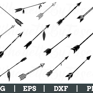 May include: A selection of black arrow illustrations in diverse styles. Some arrows have feather fletching, while others have geometric or simple arrowhead designs. The image also includes the file type options: SVG, EPS, DXF, and PNG.