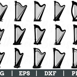 Könnte beinhalten: Eine Sammlung von schwarz-weißen Harfenillustrationen in verschiedenen Stilen. Die Harfen haben einen dreieckigen Rahmen mit Saiten und eine dekorative Säule. Das Bild enthält den Text "SVG | EPS | DXF | PNG" am unteren Rand.