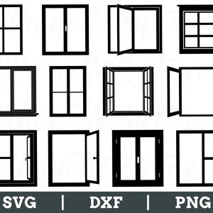 May include: Set of ten black and white window silhouette icons. The icons include different window styles, such as single pane, double pane, French doors, and sliding windows.