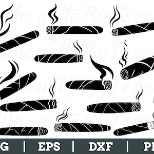 Puede incluir: Gráfico vectorial en blanco y negro de varios cigarros con estelas de humo. Algunos cigarros están encendidos, otros no. El texto "SVG | EPS | DXF | PNG" está en la parte inferior de la imagen.