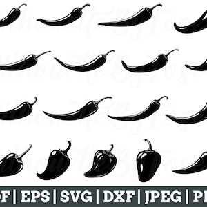 Puede incluir: Un conjunto de 15 imágenes en silueta negra y blanca de chiles de diferentes formas y tamaños. Los chiles están todos orientados en la misma dirección y dispuestos en una cuadrícula.