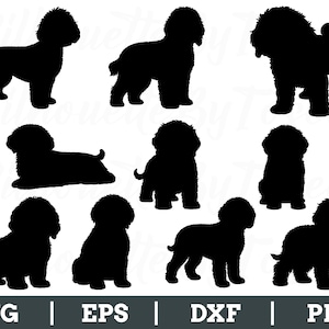 Puede incluir: Una colección de imágenes de siluetas negras de un perro esponjoso en varias poses. El perro se representa de pie, sentado y acostado. La parte inferior de la imagen incluye el texto "SVG | EPS | DXF | PNG".